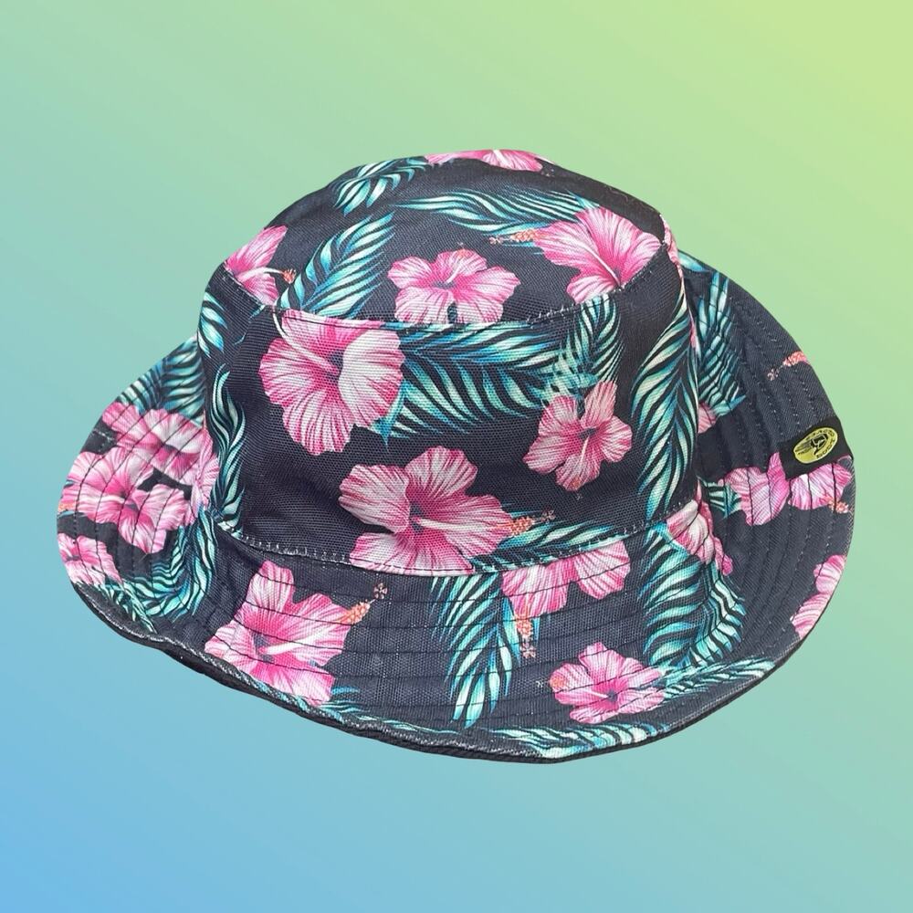 Body Glove Bucket Hat Cap Floral Hibiscus Pink Black Chinstrap Adjustable Surf
